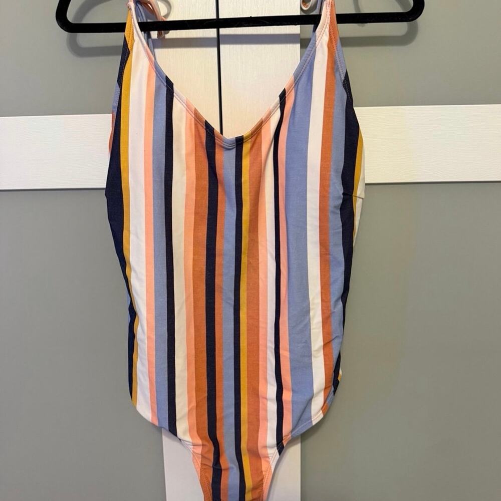Heat Women’s XL Striped One Piece Swimsuit Adjustable Tie Straps Multicolor EUC